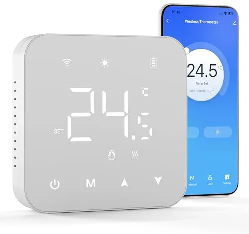 Termostato de batería de 2 Hilos. Termostato Wi-Fi programable Diariamente. Controlable de Forma remota a través de Tuya o Smart Life. Compatible con Google Assistant y Alexa.
