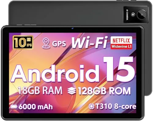 Tableta 10 Pulgadas Android 15, 18 GB RAM + 128 GB ROM 1 TB Expandible, Compatible con Widevine L1, Ocho núcleos, 2.4G+5G WiFi 5, BT 5.2, Batería de 6000 mAh, Google GMS, GPS, Cámara dual 5 MP+8 MP
