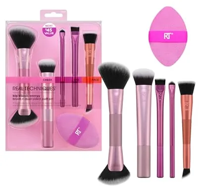Real Techniques Big Blends Energy Brush + Puff – Kit 6 pezzi per applicare polvere, crema o liquido, strumenti viso per contorno, sfumatura e finish, vegano e cruelty-free