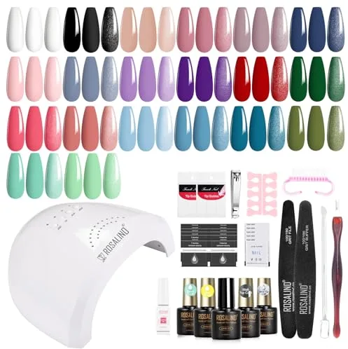 ROSALIND Kit Uñas Semipermanentes con Lámpara 48W, 20+4 Piezas Esmaltes Semipermanentes Blanco Negro Morado Rojo Verde Azul Colores Uñas Semipermanente Kit Completo Regalos Principiantes