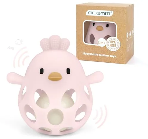 MCGMITT Juguete mordedor pelota bebé de silicona sin BPA con sonajero – Estimulación sensorial y motriz desde 0 meses, juguete Montessori forma de pollo – Regalo para recién nacidos (Rosa)