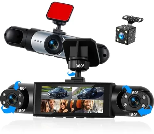 CAMECHO Dashcam 4 Canales 1080P, visión 360° para Coche, 4 cámaras Ajustables, Pantalla 3.16", guías de Aparcamiento, Compensación de exposición, grabación en Bucle, Montaje Sencillo