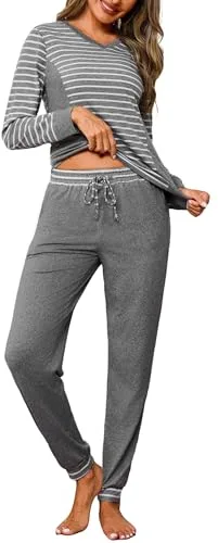 Crewhpo Pijamas Mujer Invierno Algodón Rayas Pijama Manga Larga Ropa de Dormir con Camiseta Cuello en V y Pantalones Largo 2 Piezas