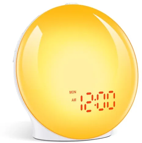 Cadrim Despertador amanecer,Reloj despertador analógico con amanecer y atardecer en pantalla completa, 7 luces de colores y 7 sonidos naturales.,20 Niveles Brillo,Snooze Radio FM,Apto para adultos