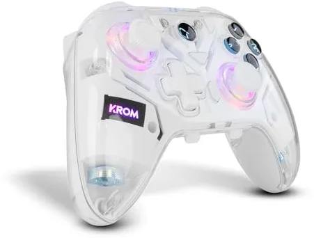 KROM KRYSTAL — Mando Inalámbrico Transparente Bluetooth 5.0, RGB, 17 Botones Customizables, Vibración Dual, Macros, Compatible con PC/Switch/Switch 2/iOS/Android