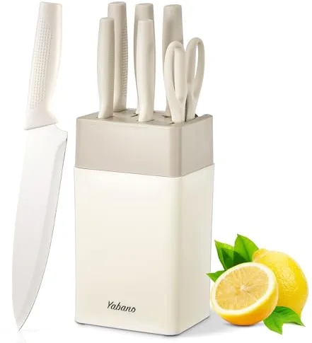 Yabano Juego de Cuchillos de Cocina 7 Piezas con Bloque y Afilador Integrado, Lamas de Acero Inoxidable Ultra Afiladas, Bloque de Plástico Resistente (Blanco)