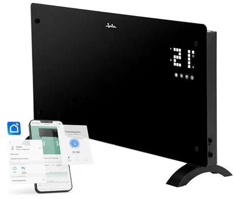 JATA JCRW2520 - Radiador Eléctrico WIFI Bajo Consumo Cristal 2000 W. 5-50ºC. 2 Potencias. Temporizador 24h. Instalación pared o suelo. 77x77x38,5cm. Conectividad WIFI y APP
