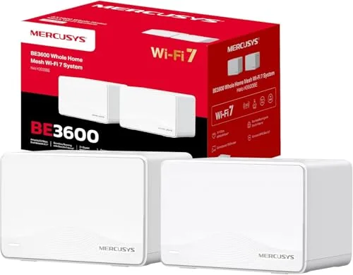 Mercusys Halo H3600BE (2-Pack) – Sistema Mesh WiFi 7 Dual Banda de 3,6 Gbps, Cobertura hasta 460 m², más de 150 Dispositivos, 3 Puertos Gigabit por Unidad