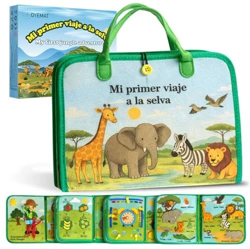 Busy Board Libro Montessori 1 año - Busy Book Animales de la Selva Bilingüe Español/Inglés - Juguete Educativo Sensorial Bebé - Juguetes Montessori de Fieltro - Tablero Montessori de Motricidad Fina