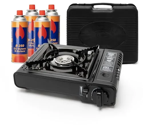 BESCH Hornillo de Gas Portátil para Acampada con Maletín + 4 Cartucho de Gas Butano - Estufa de Camping con Protección contra Sobrecalentamiento Compatible con Cartuchos de Gas Butano