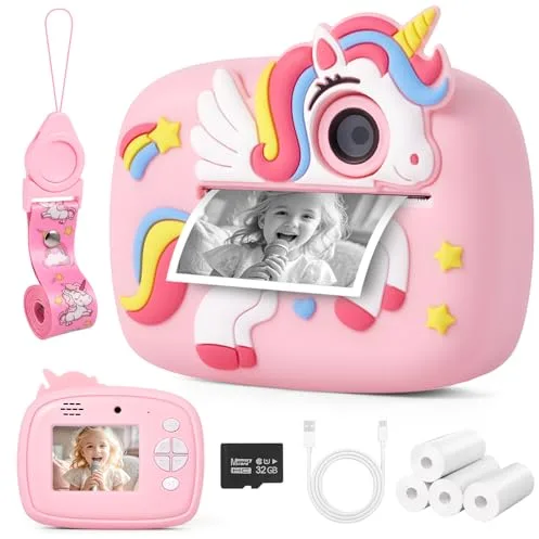 Camara Fotos Infantil Instantanea, 48MP 1080P Cámara Instantánea para Niños con Tarjeta de 32G y 4 Rollos Impresora, Maquina Fotografia Instanea Regalo de Juguete para Criança de 3 a 12 Años