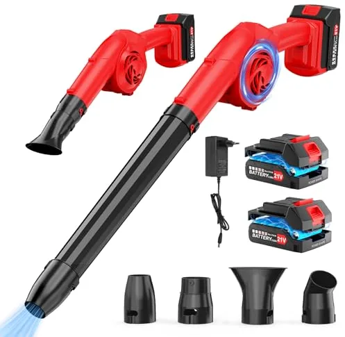 Soplador de hojas inalámbrico con baterías 21V 2*3000mAh y cargador, soplador eléctrico 320CFM 180MPH, 3 niveles de velocidad y 3 tubos de soplado, sopladores de jardín ligeros con turbo para cuidado
