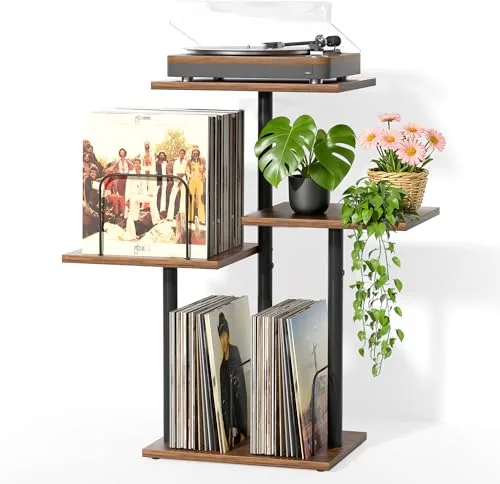 Bikoney Mueble para Tocadiscos con Almacenamiento de Vinilos, Mesa de Madera para Giradiscos con Estante LP, Organizador y Exhibidor de Discos para Espacios Pequeños, Apartamentos, Dormitorio y Salón