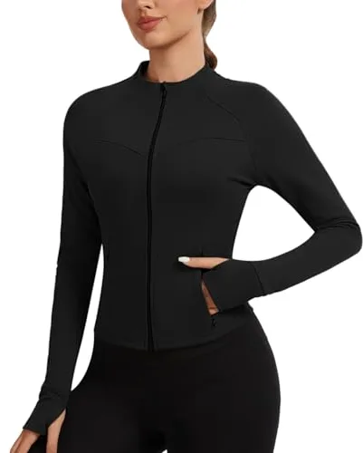 AMZSPORT Chaqueta Deportiva Mujer Sudaderas Running con Bolsillos con Cremallera, Negro L