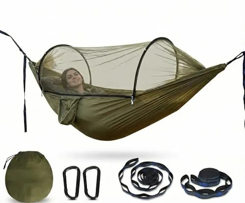 Hamaca Ultraligera con Red antimosquitos 260 x 140 cm, Doble Nailon Tipo paracaídas, Resistente hasta 300 Libras, Camping, jardín y Actividades al Aire Libre.