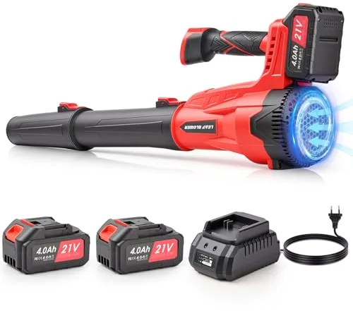 Soplador de Hojas a Batería Potente 21V, 2×4.0Ah Baterías, 75m/s 13m³/min, Soplador Eléctrico Inalámbrico 6 Velocidades, para Jardín, Patio y Garaje