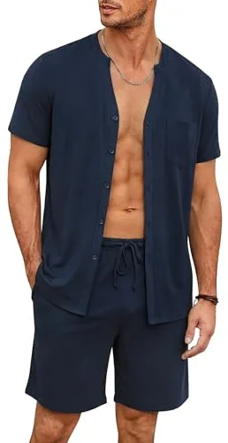 Demegimi Pijama Hombre Algodón de Verano para Hombre Pijama Corto con Camisa de Botones Manga Corta y Shorts