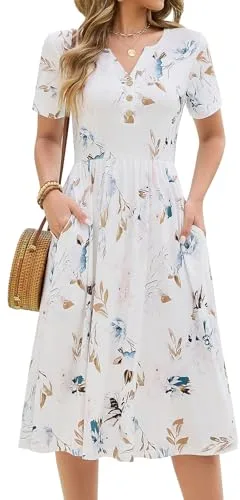 CMTOP Vestidos Verano Mujer Elegantes Cuello V Vestido Midi Manga Corta Sueltos Vestido Flores Jacquard Casual Vestidos de Playa con Bolsillos (Flores Blancas, M)