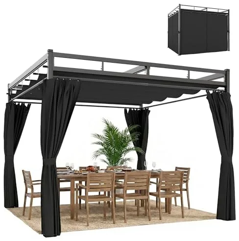 Outsunny Pérgola de Jardín 3x3 m con Techo Retráctil y 4 Cortinas, Cenador de Jardín con Protección UV30+, Impermeable, Estructura Metálica, Pabellón para Patio, Terraza, Exterior, Gris Oscuro
