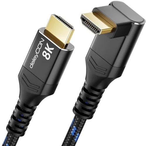 deleyCON Cable HDMI 2.1 8K 2m Cable de Alta Velocidad Ultra High Speed 48 Gbps con Conector Acodado (90°) - Ideal para TV, Monitor, PS4, PS5, EARC, HDR10+ - 10K/8K@60Hz, 4K@120Hz/144Hz y 2K@240Hz