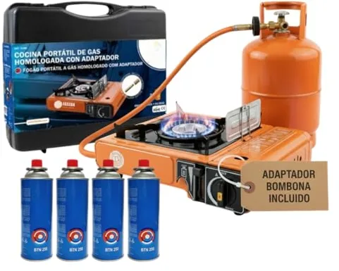 Camping Gas Portatil con Adaptador de Bombona, Pack Hornillo + 4 Cartuchos, Hornillo Camping Gas Portátil, Cocinal, Infernillo, Fogareiro (Horno+Adaptador bombona+4Botellas)