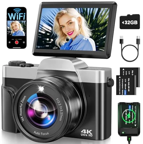 Camara de Fotos con WiFi, 64MP 4K Autofocus Camara Digital Compacta con Pantalla Flip De 180° De 3" Zoom Digital 16X, Tarjeta De 32 GB Estación de Carga, 2 Baterías para Principiantes, Adolescentes