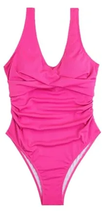 Faja Modeladora Mujer Bañador Natacion Mujer Traje de Baño de Talle con Espalda Texturizada Y Tirantes Anchos con Cuello en V para Traje Baño Tallas Grandes (Hot Pink S)